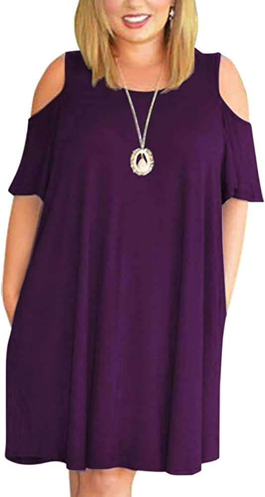 Kancystore Women Plus Size Dresses Short Sleeve Cold Shoulder Casual T-Shirt Swing Dress with Pockets
