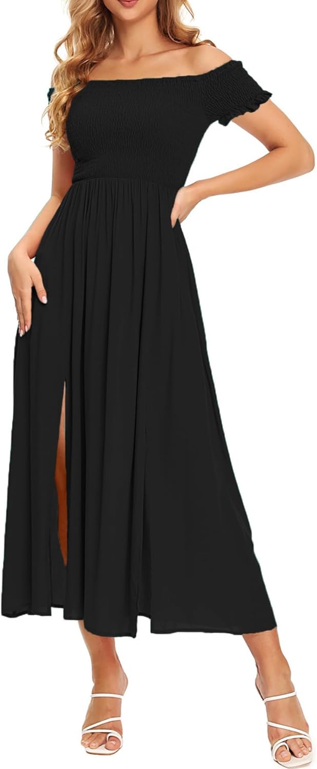 Floerns Women's Boho Floral Print Off Shoulder Split Long A Line Dress