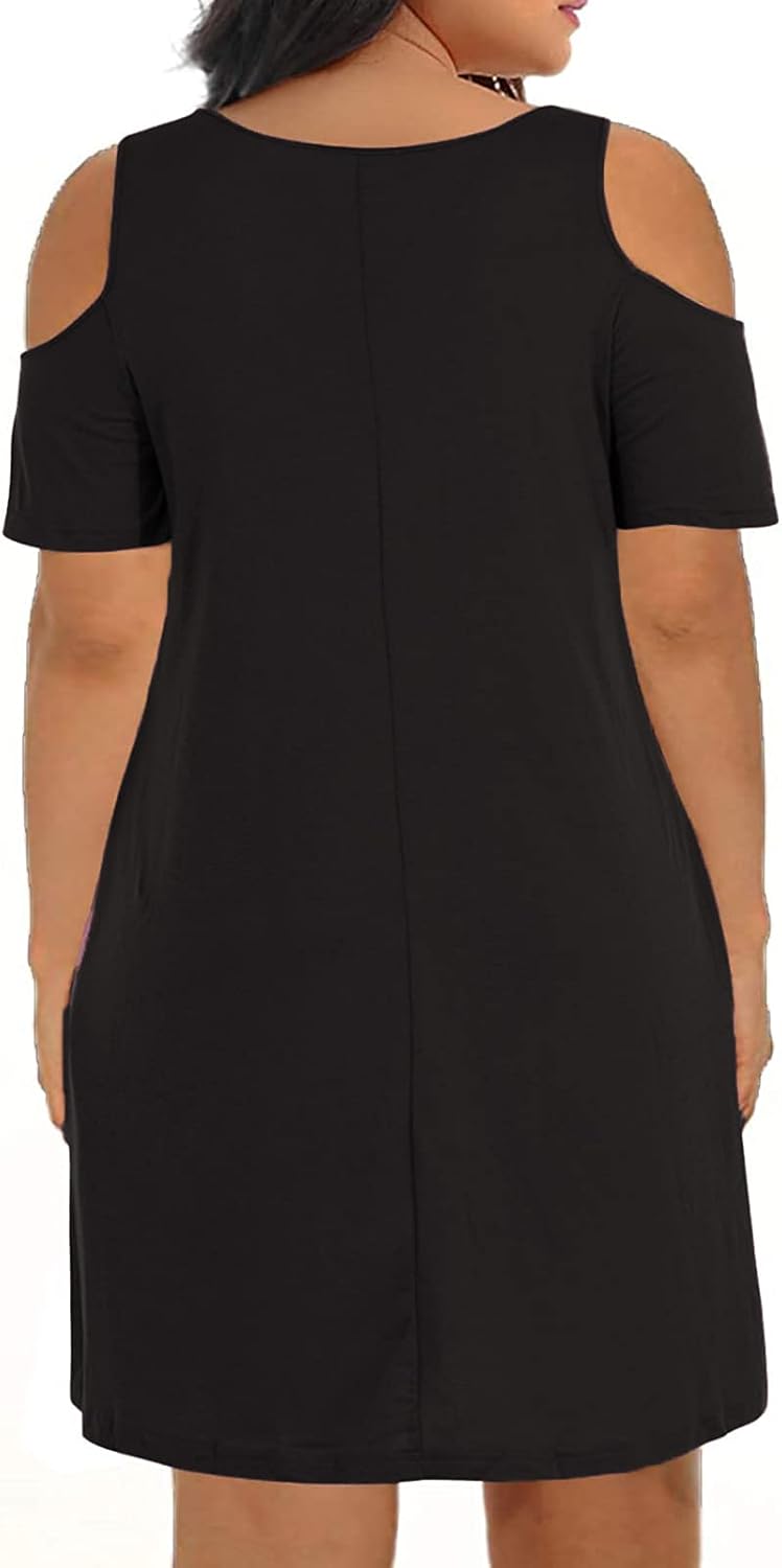 Kancystore Women Plus Size Dresses Short Sleeve Cold Shoulder Casual T-Shirt Swing Dress with Pockets