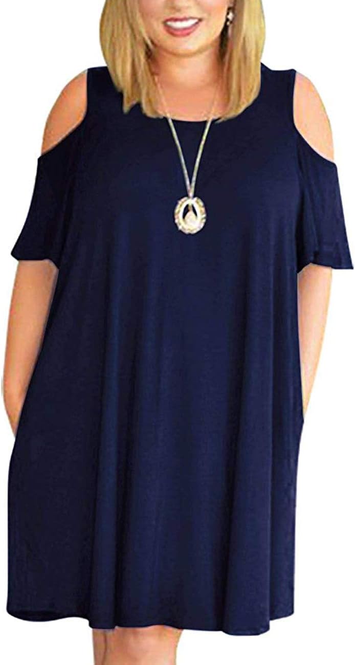 Kancystore Women Plus Size Dresses Short Sleeve Cold Shoulder Casual T-Shirt Swing Dress with Pockets