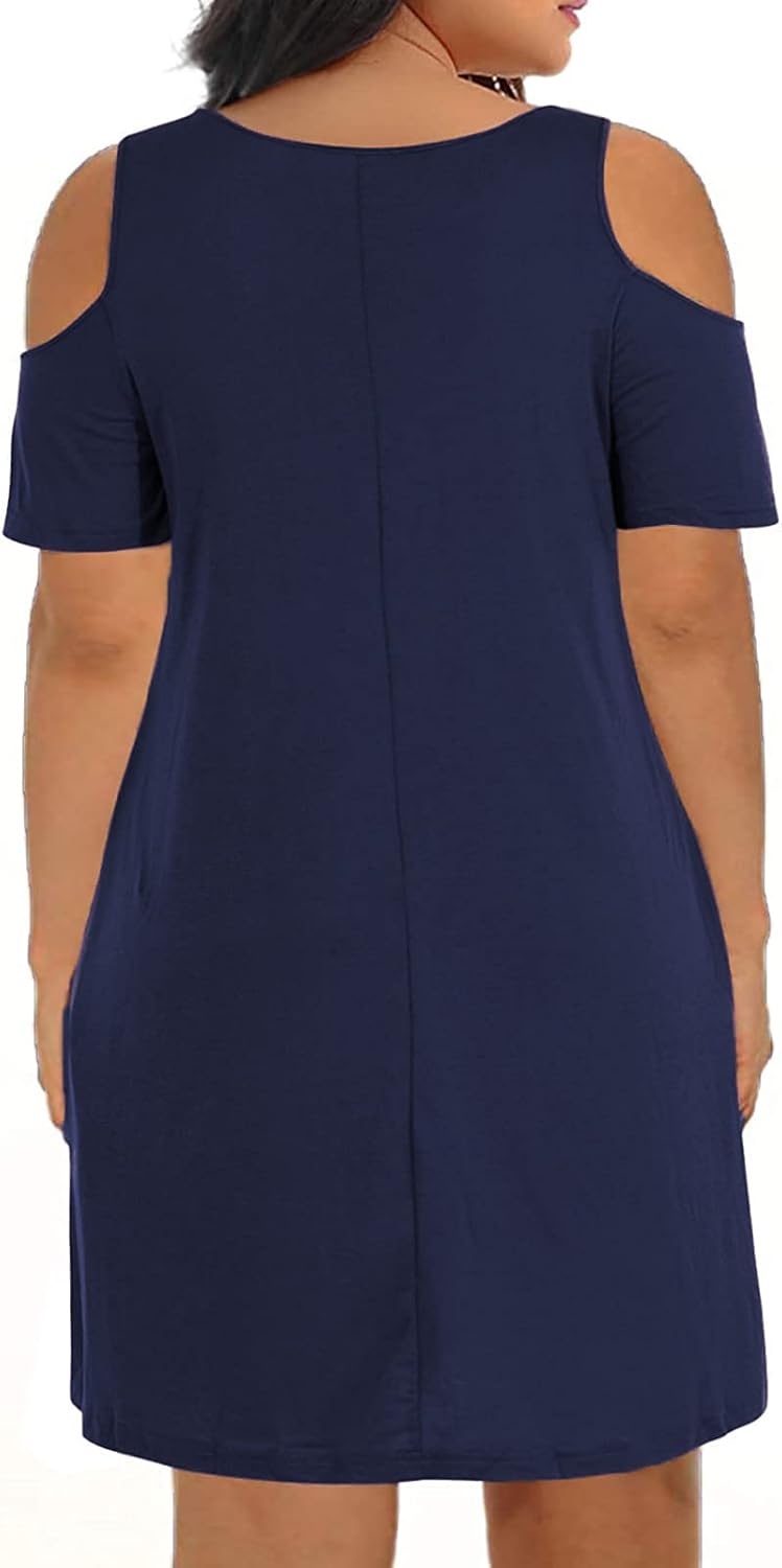 Kancystore Women Plus Size Dresses Short Sleeve Cold Shoulder Casual T-Shirt Swing Dress with Pockets