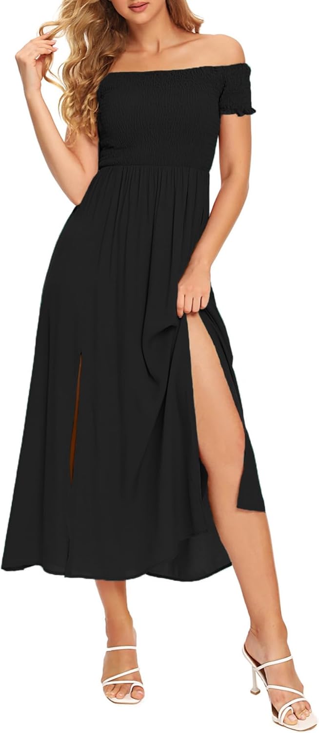 Floerns Women's Boho Floral Print Off Shoulder Split Long A Line Dress