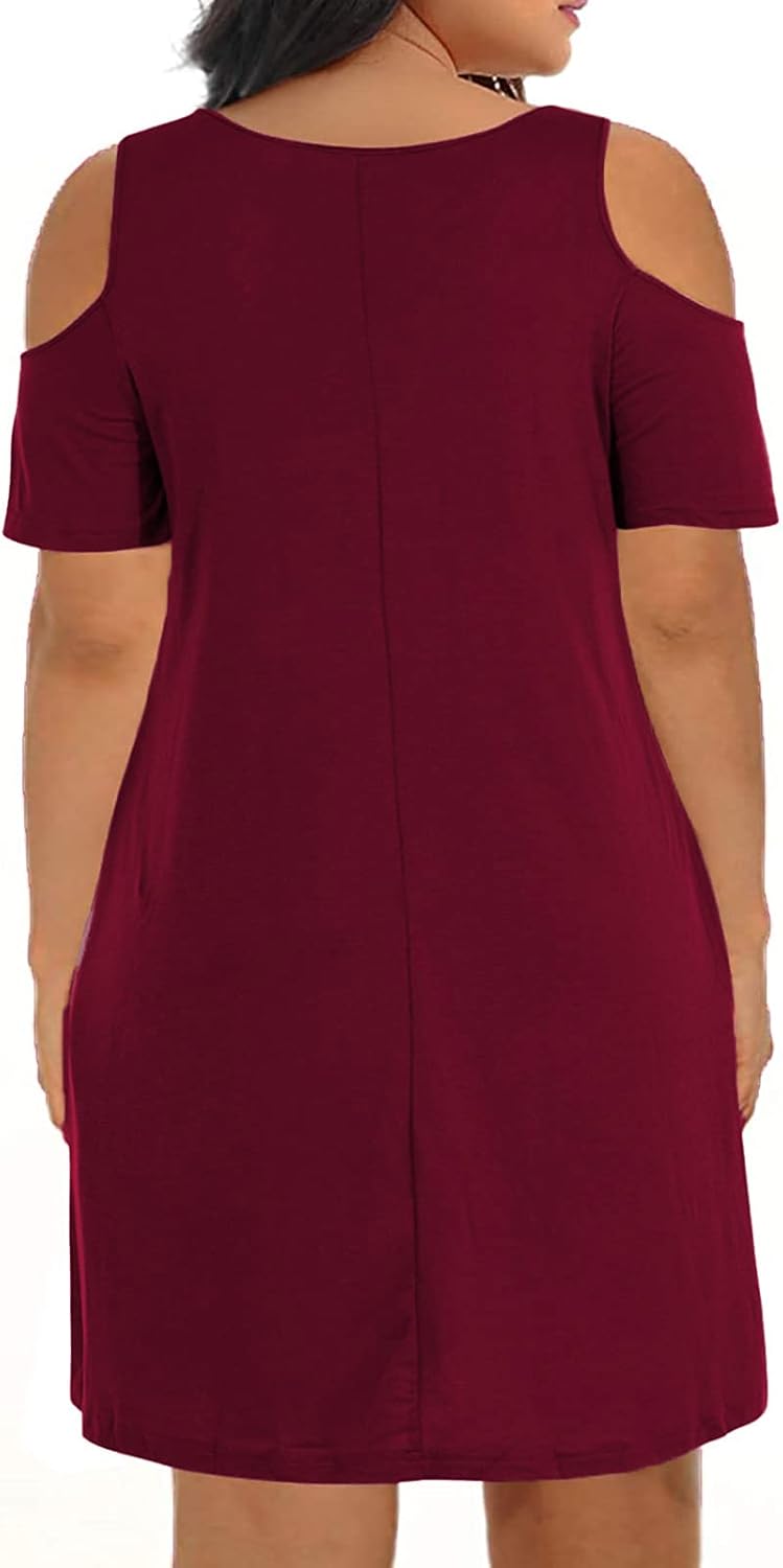 Kancystore Women Plus Size Dresses Short Sleeve Cold Shoulder Casual T-Shirt Swing Dress with Pockets