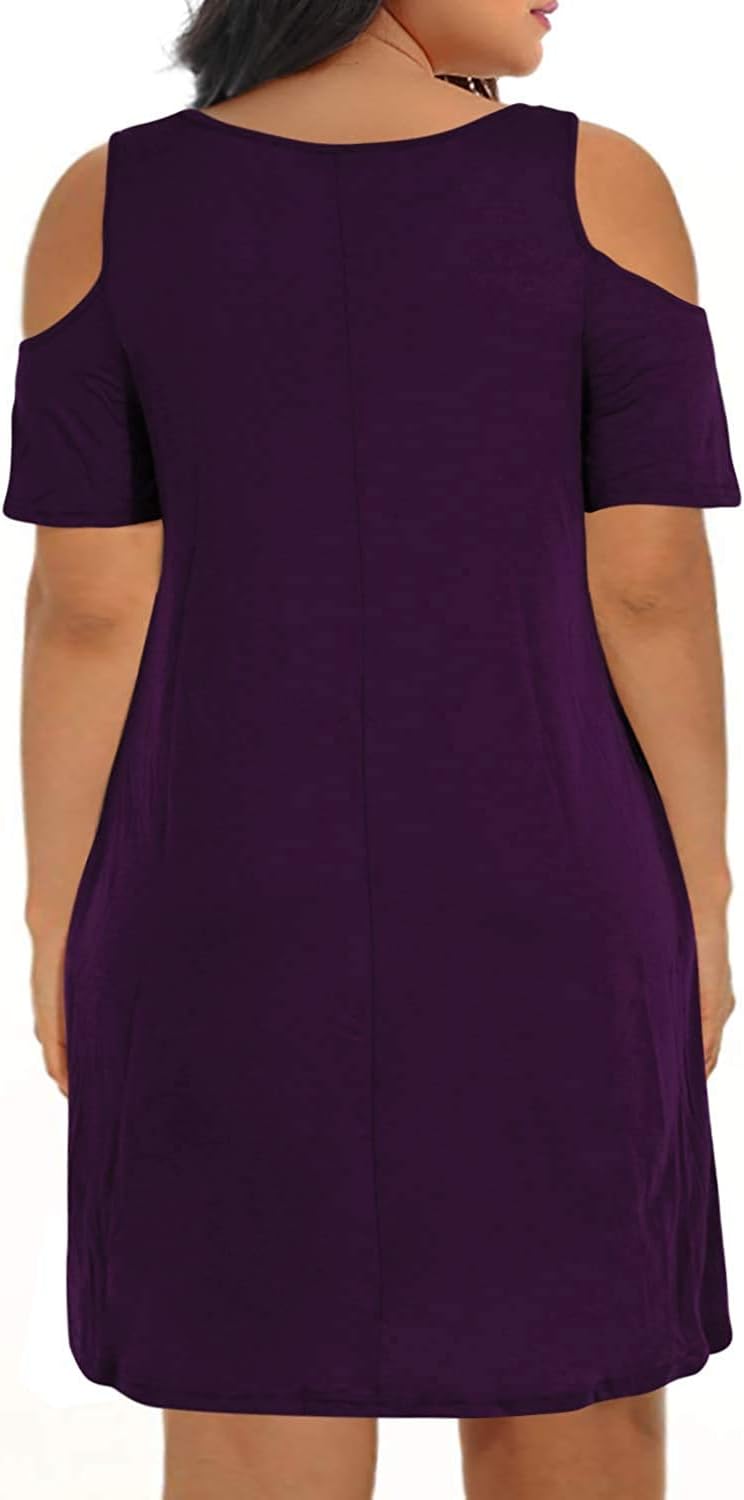 Kancystore Women Plus Size Dresses Short Sleeve Cold Shoulder Casual T-Shirt Swing Dress with Pockets