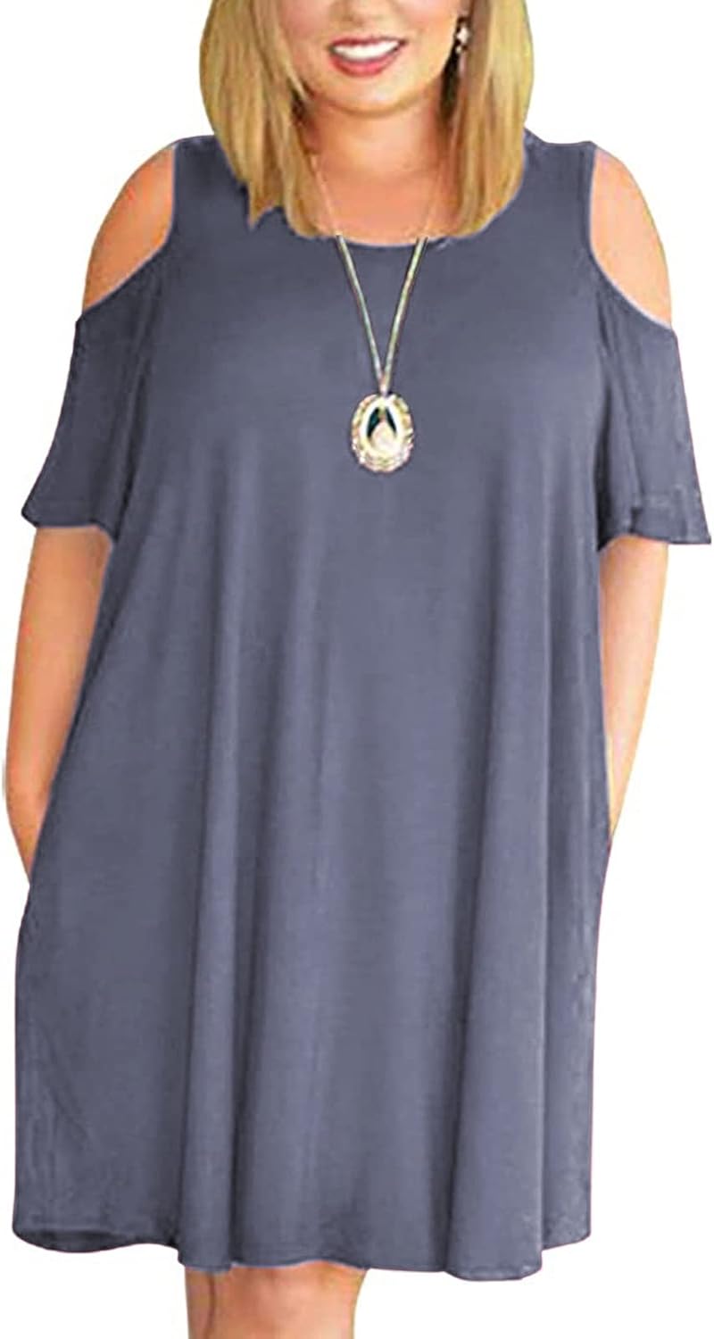 Kancystore Women Plus Size Dresses Short Sleeve Cold Shoulder Casual T-Shirt Swing Dress with Pockets