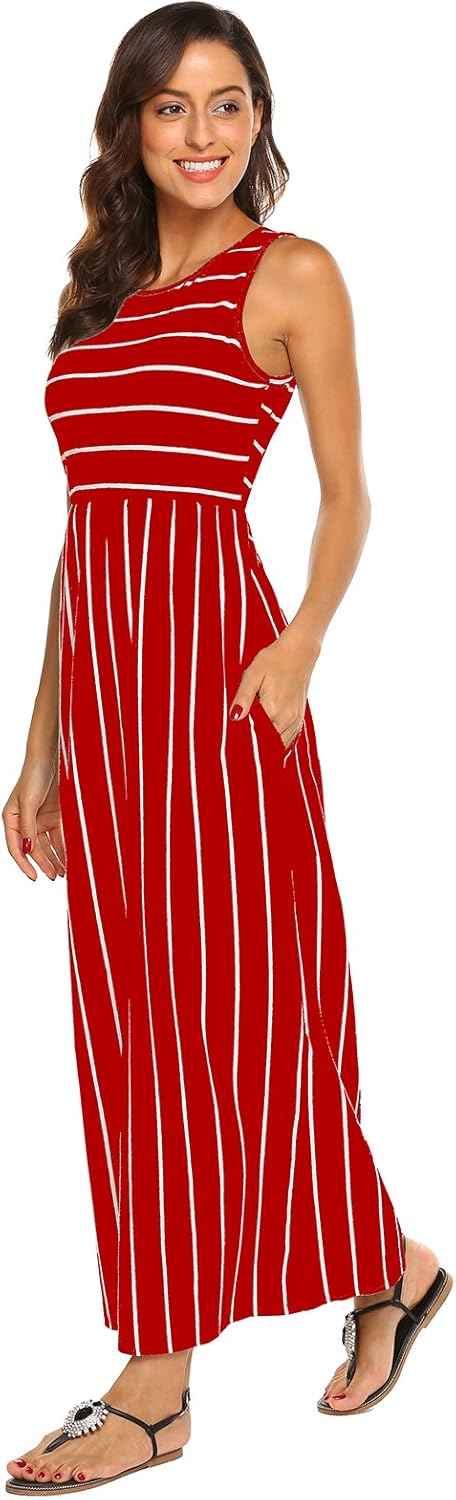 Hount Women's Summer Sleeveless Striped Flowy Casual Long Maxi Dress with Pockets