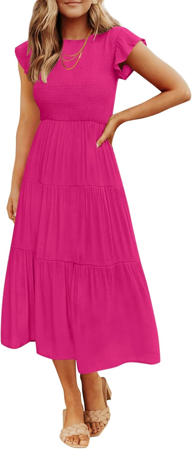 ZESICA Women's 2025 Summer Casual Flutter Short Sleeve Crew Neck Smocked Elastic Waist Tiered Midi Dress