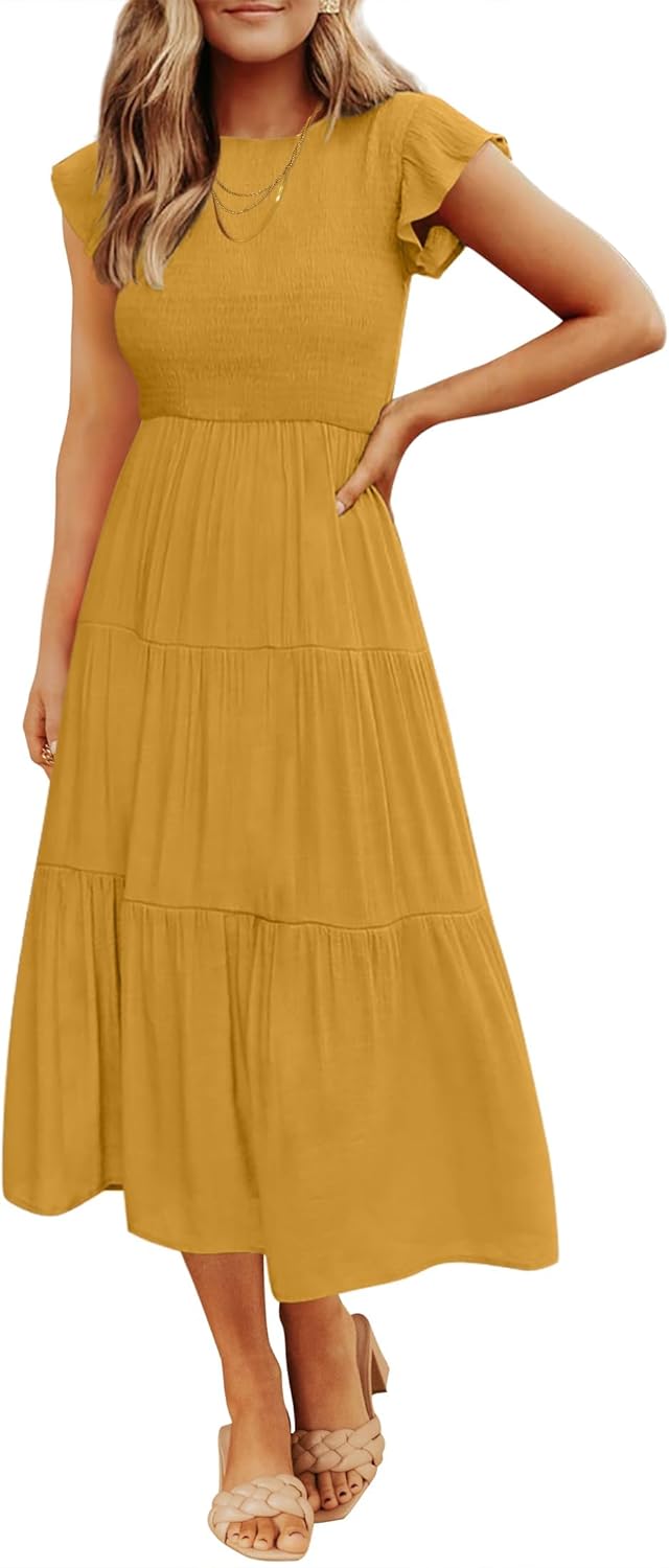 ZESICA Women's 2025 Summer Casual Flutter Short Sleeve Crew Neck Smocked Elastic Waist Tiered Midi Dress