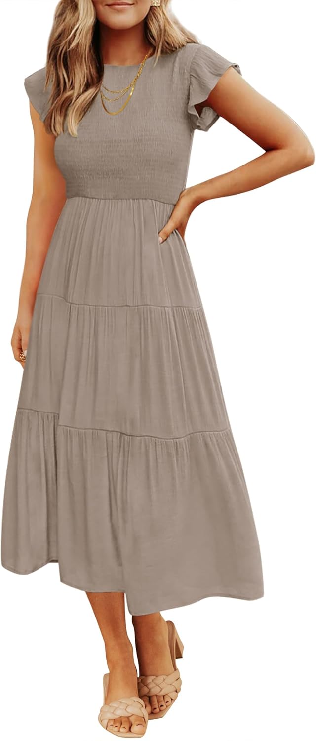 ZESICA Women's 2025 Summer Casual Flutter Short Sleeve Crew Neck Smocked Elastic Waist Tiered Midi Dress