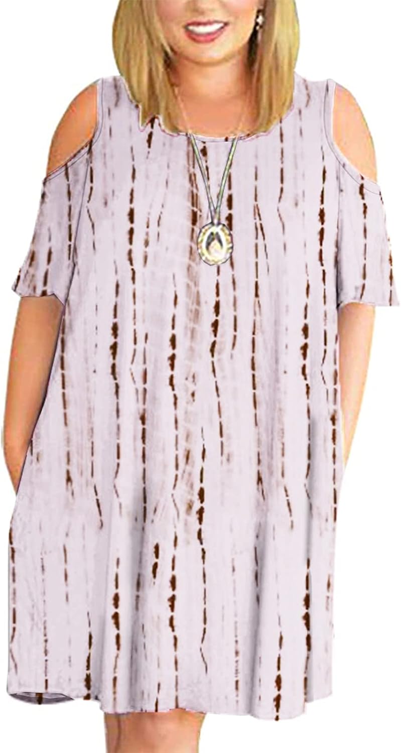 Kancystore Women Plus Size Dresses Short Sleeve Cold Shoulder Casual T-Shirt Swing Dress with Pockets