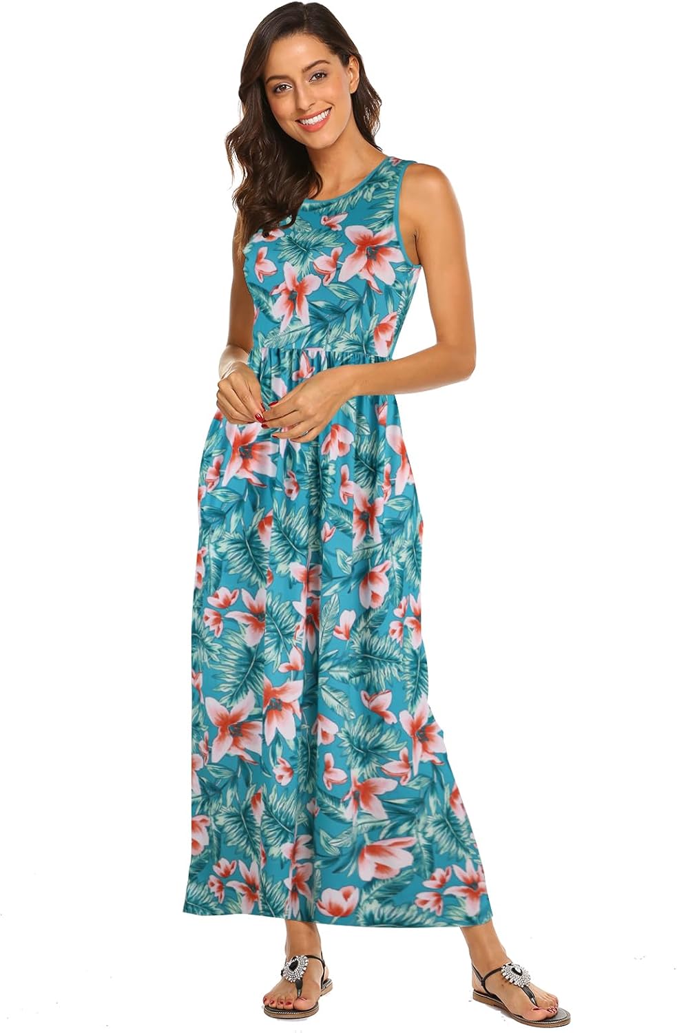 Hount Women's Summer Sleeveless Striped Flowy Casual Long Maxi Dress with Pockets