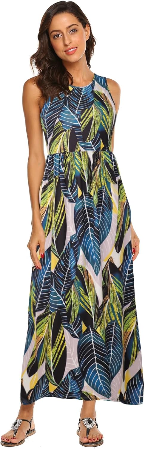 Hount Women's Summer Sleeveless Striped Flowy Casual Long Maxi Dress with Pockets