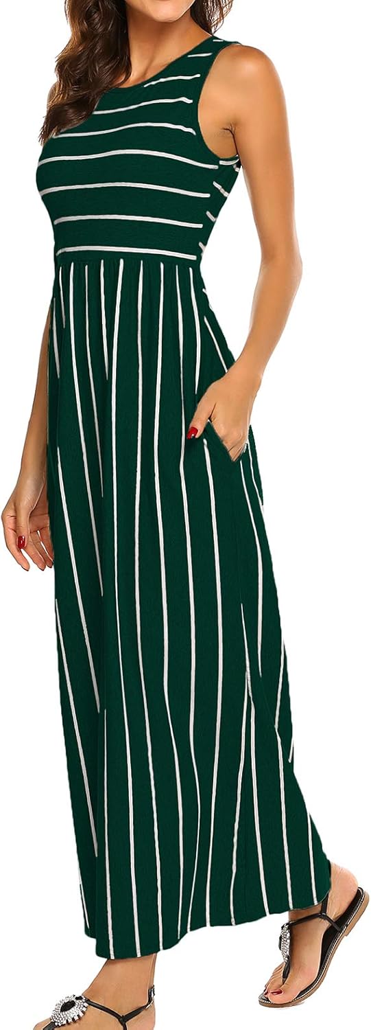 Hount Women's Summer Sleeveless Striped Flowy Casual Long Maxi Dress with Pockets