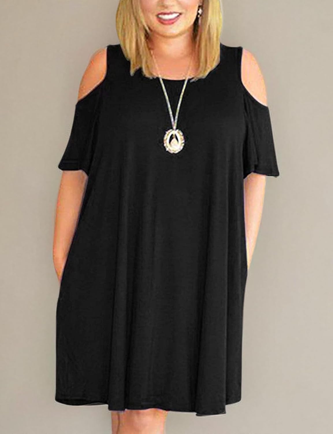 Kancystore Women Plus Size Dresses Short Sleeve Cold Shoulder Casual T-Shirt Swing Dress with Pockets