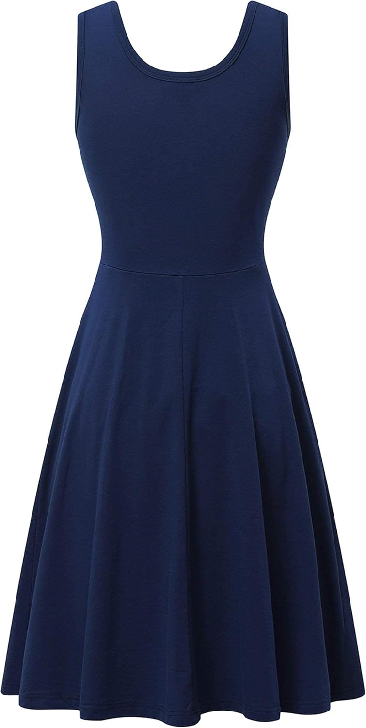HUHOT Womens Sleeveless V Neck Dress with Pocket Summer Beach Midi Flared Tank Dress