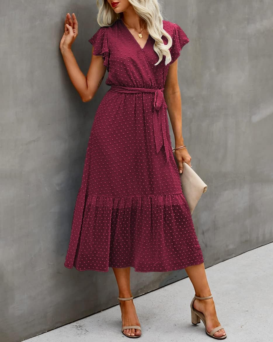 BTFBM Women Summer Bohemian Floral Casual Wrap V Neck Ruffle Cap Sleeveless Belt A-Line Pleated Hem Midi Sun Dress White