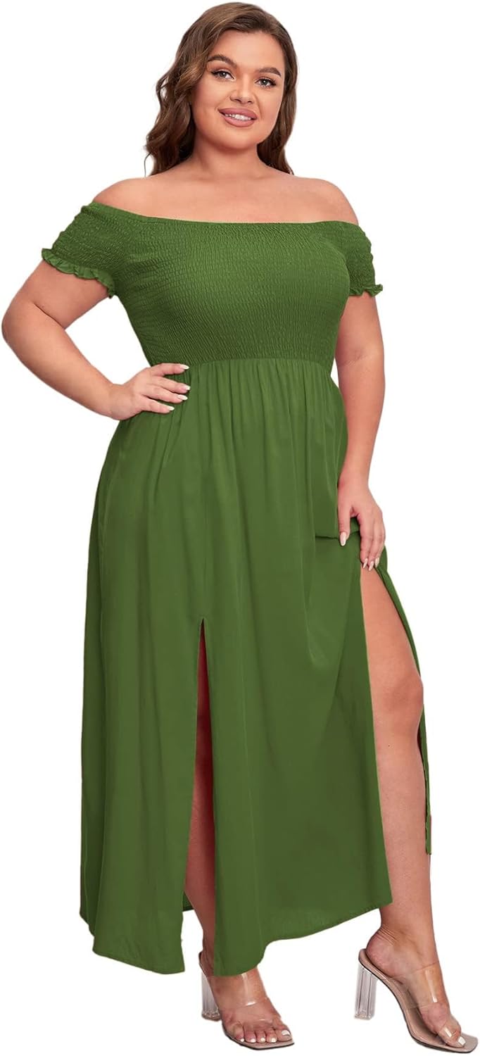 Floerns Women's Boho Floral Print Off Shoulder Split Long A Line Dress