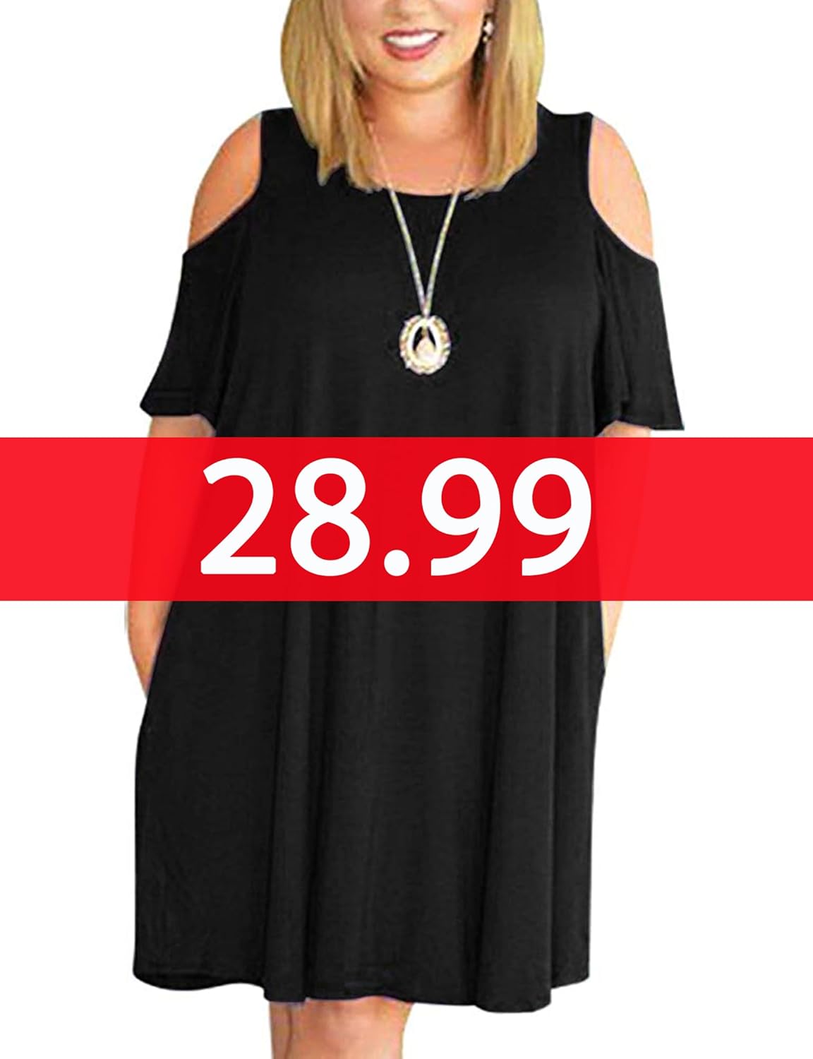 Kancystore Women Plus Size Dresses Short Sleeve Cold Shoulder Casual T-Shirt Swing Dress with Pockets