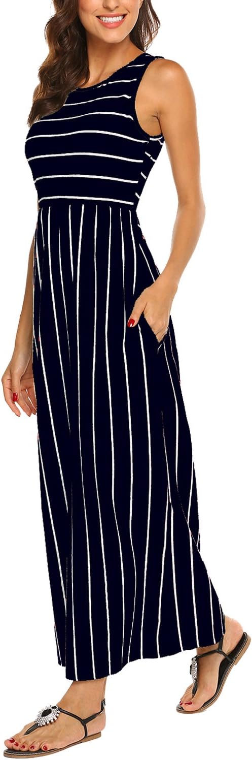 Hount Women's Summer Sleeveless Striped Flowy Casual Long Maxi Dress with Pockets
