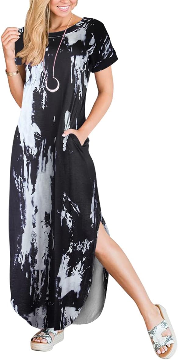 ANRABESS Women's Summer Casual Loose Short Sleeve Long T Shirt Dress Split Maxi Beach Sundress Travel Vacation Outfits
