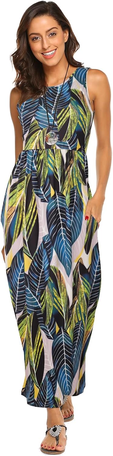 Hount Women's Summer Sleeveless Striped Flowy Casual Long Maxi Dress with Pockets