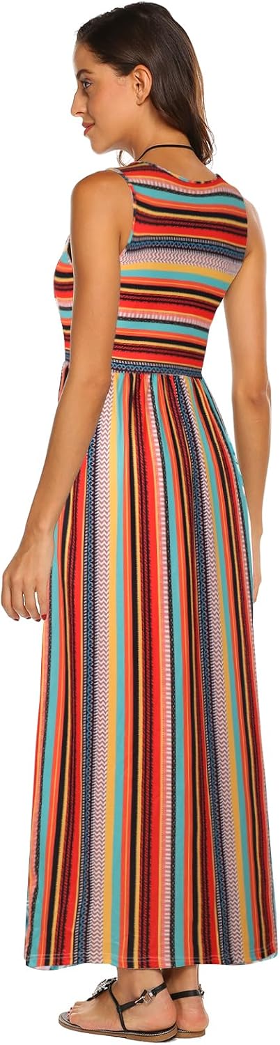 Hount Women's Summer Sleeveless Striped Flowy Casual Long Maxi Dress with Pockets
