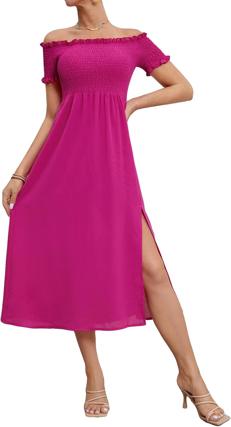 Floerns Women's Boho Floral Print Off Shoulder Split Long A Line Dress