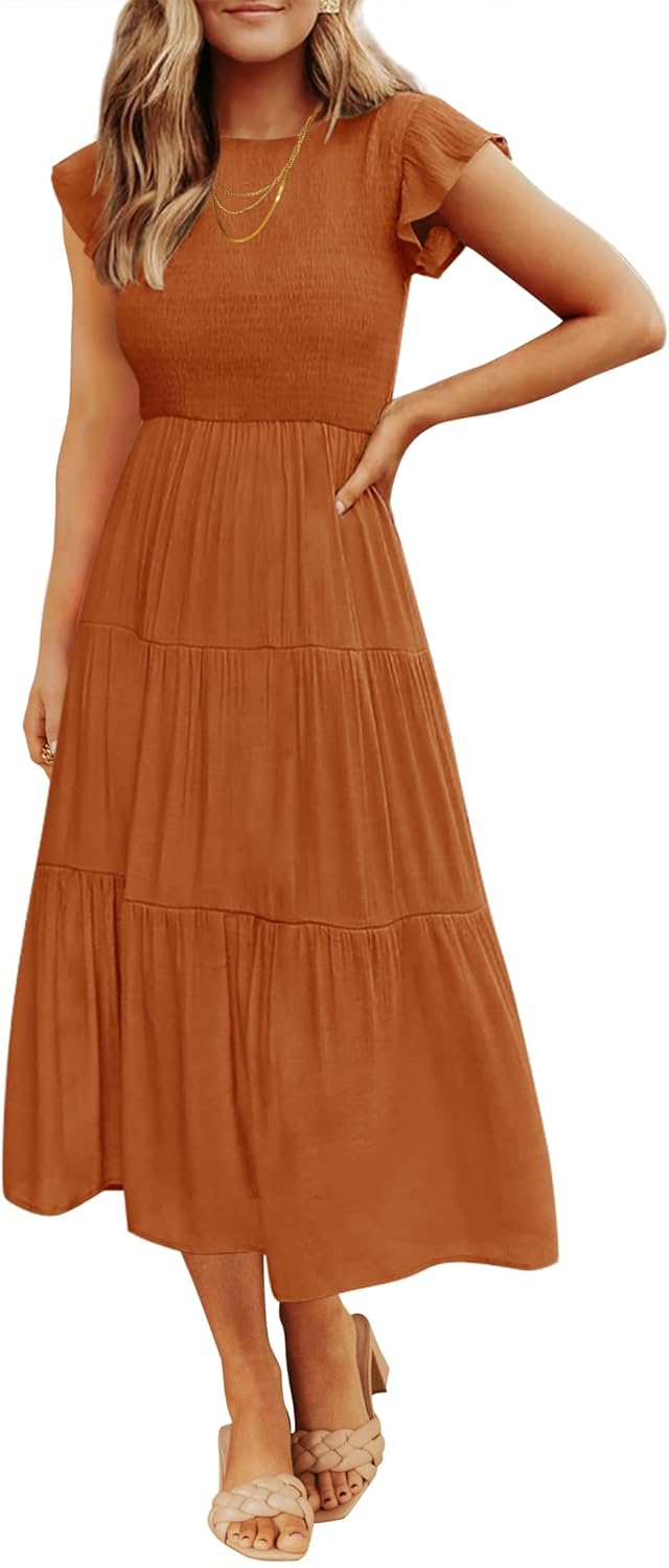 ZESICA Women's 2025 Summer Casual Flutter Short Sleeve Crew Neck Smocked Elastic Waist Tiered Midi Dress