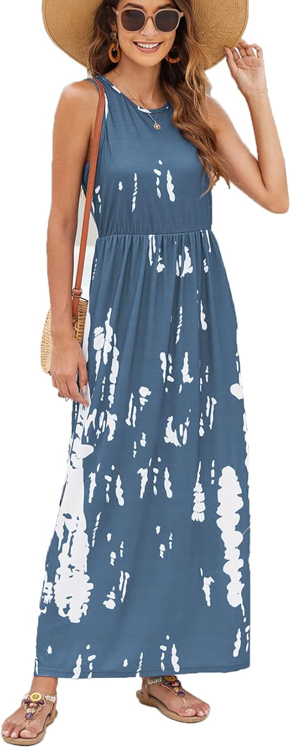 Hount Women's Summer Sleeveless Striped Flowy Casual Long Maxi Dress with Pockets