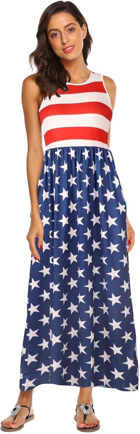 Hount Women's Summer Sleeveless Striped Flowy Casual Long Maxi Dress with Pockets