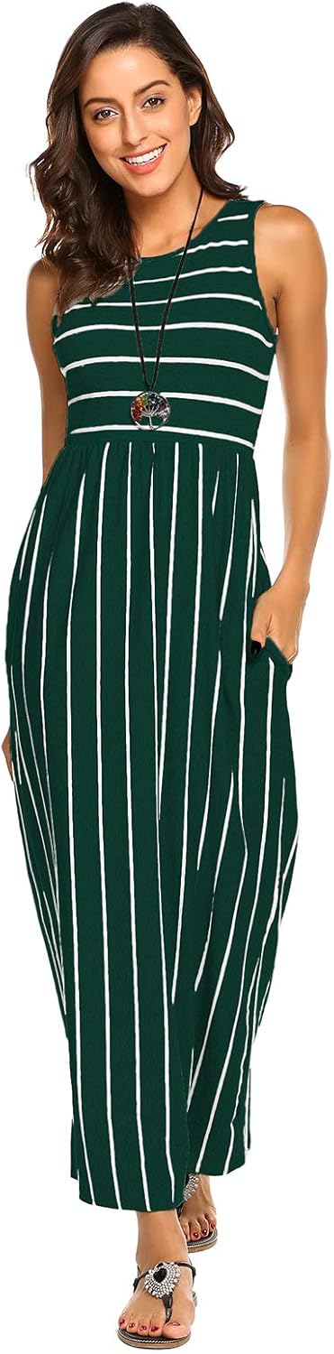 Hount Women's Summer Sleeveless Striped Flowy Casual Long Maxi Dress with Pockets
