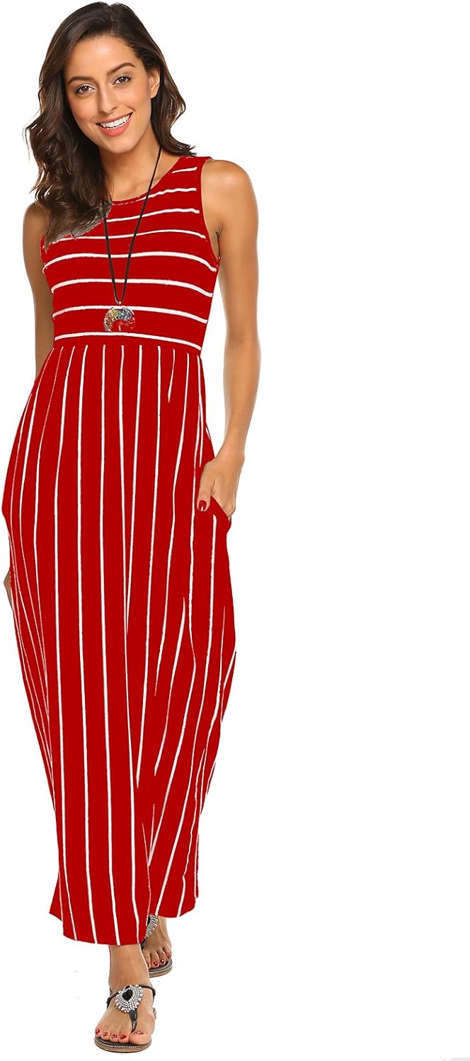 Hount Women's Summer Sleeveless Striped Flowy Casual Long Maxi Dress with Pockets