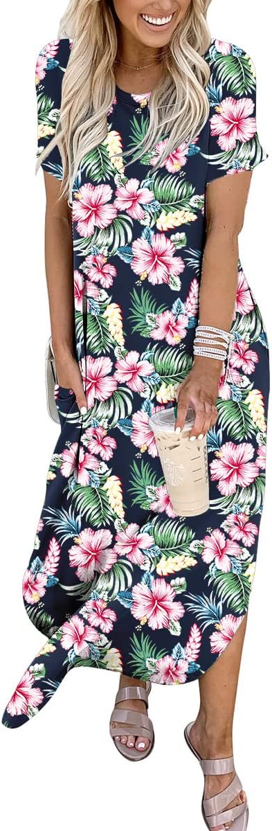 ANRABESS Women's Summer Casual Loose Short Sleeve Long T Shirt Dress Split Maxi Beach Sundress Travel Vacation Outfits