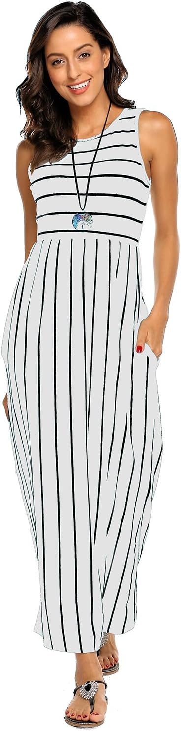 Hount Women's Summer Sleeveless Striped Flowy Casual Long Maxi Dress with Pockets