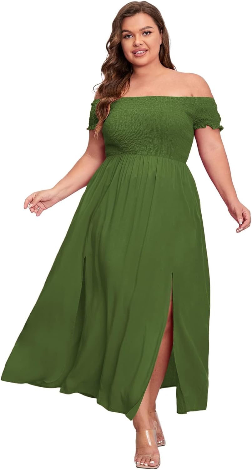 Floerns Women's Boho Floral Print Off Shoulder Split Long A Line Dress