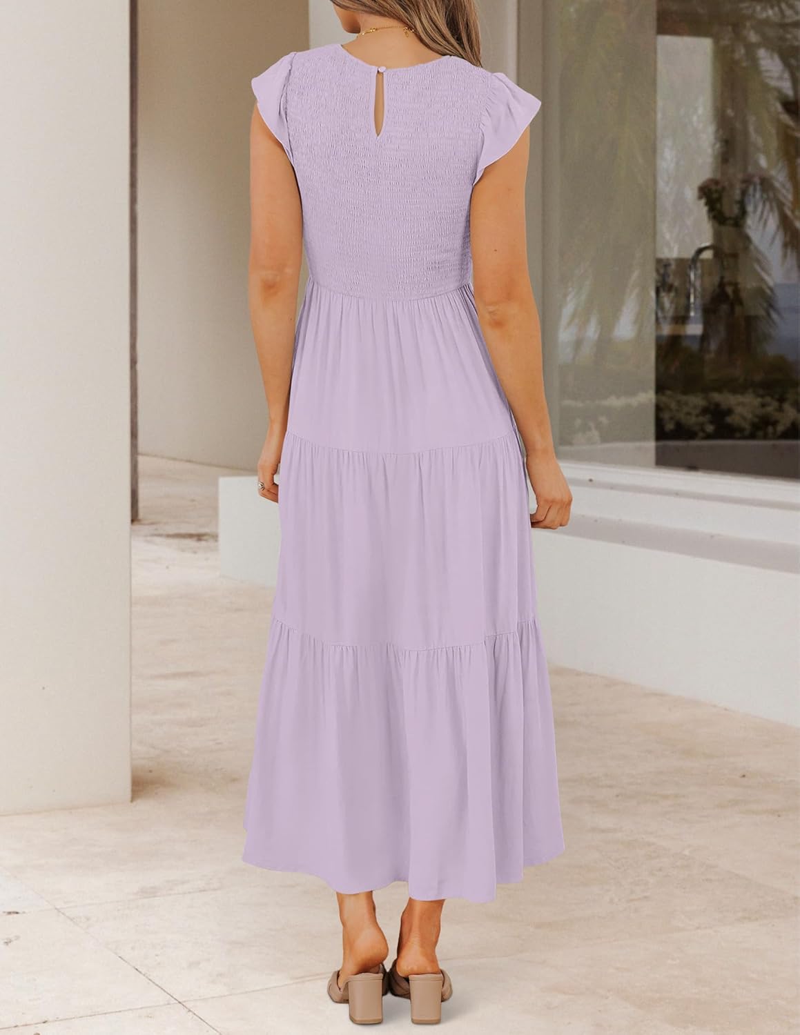 ZESICA Women's 2025 Summer Casual Flutter Short Sleeve Crew Neck Smocked Elastic Waist Tiered Midi Dress