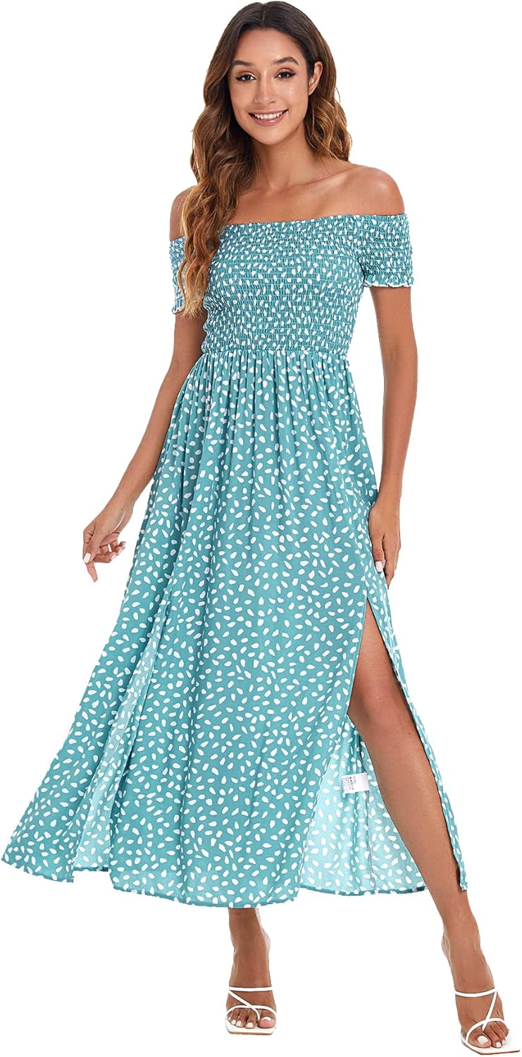 Floerns Women's Boho Floral Print Off Shoulder Split Long A Line Dress
