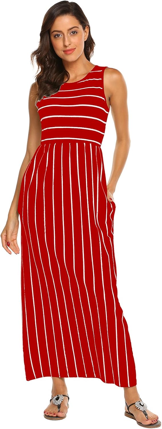Hount Women's Summer Sleeveless Striped Flowy Casual Long Maxi Dress with Pockets