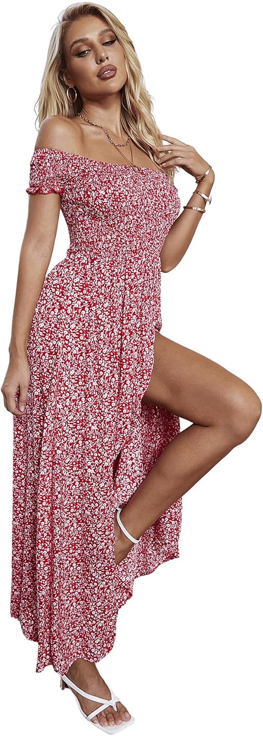 Floerns Women's Boho Floral Print Off Shoulder Split Long A Line Dress