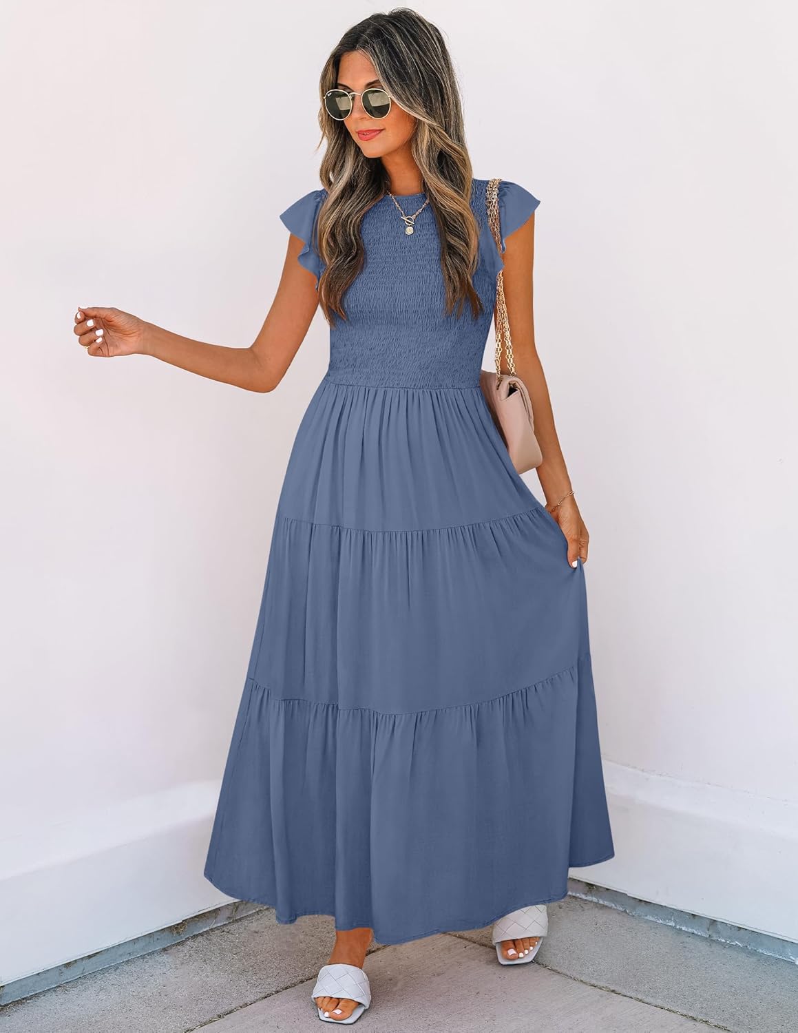 ZESICA Women's 2025 Summer Casual Flutter Short Sleeve Crew Neck Smocked Elastic Waist Tiered Midi Dress
