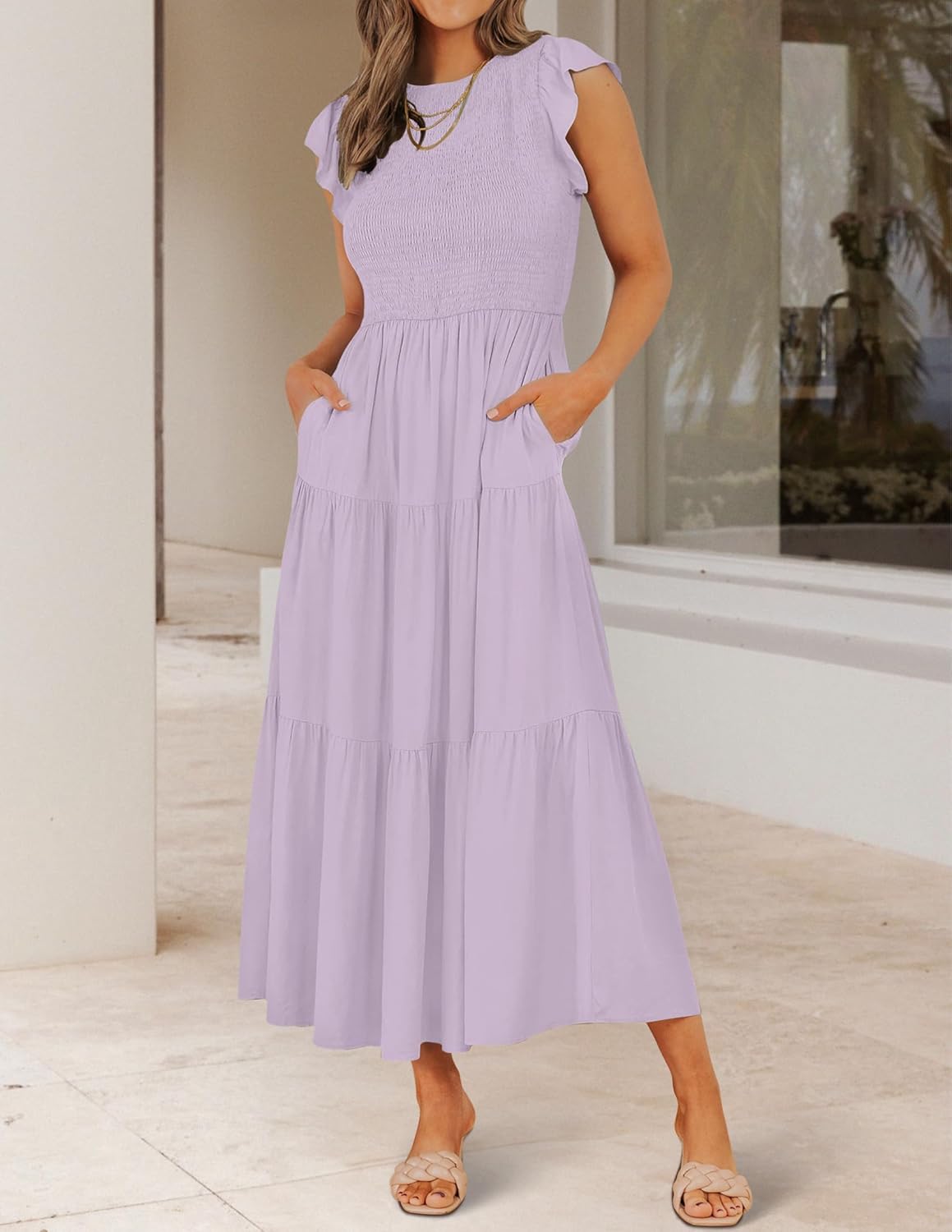ZESICA Women's 2025 Summer Casual Flutter Short Sleeve Crew Neck Smocked Elastic Waist Tiered Midi Dress