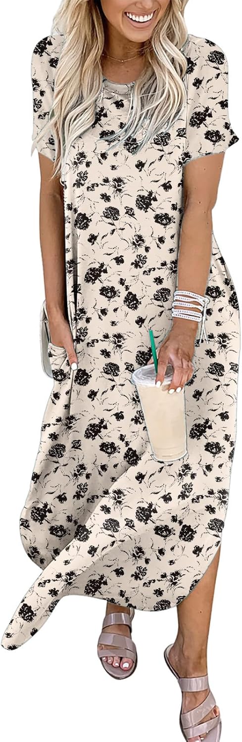 ANRABESS Women's Summer Casual Loose Short Sleeve Long T Shirt Dress Split Maxi Beach Sundress Travel Vacation Outfits