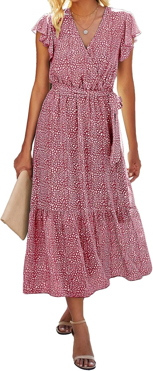 BTFBM Women Summer Bohemian Floral Casual Wrap V Neck Ruffle Cap Sleeveless Belt A-Line Pleated Hem Midi Sun Dress White