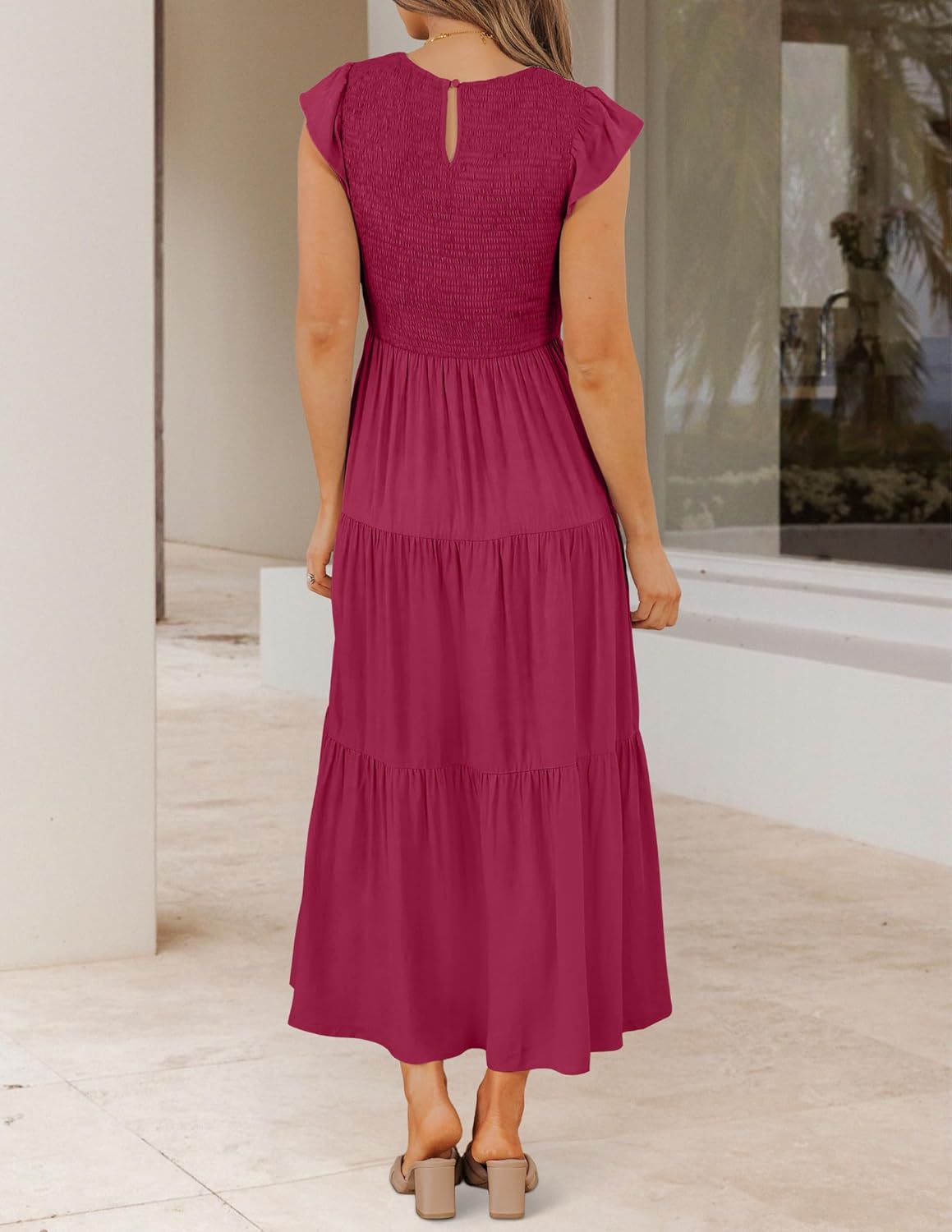 ZESICA Women's 2025 Summer Casual Flutter Short Sleeve Crew Neck Smocked Elastic Waist Tiered Midi Dress