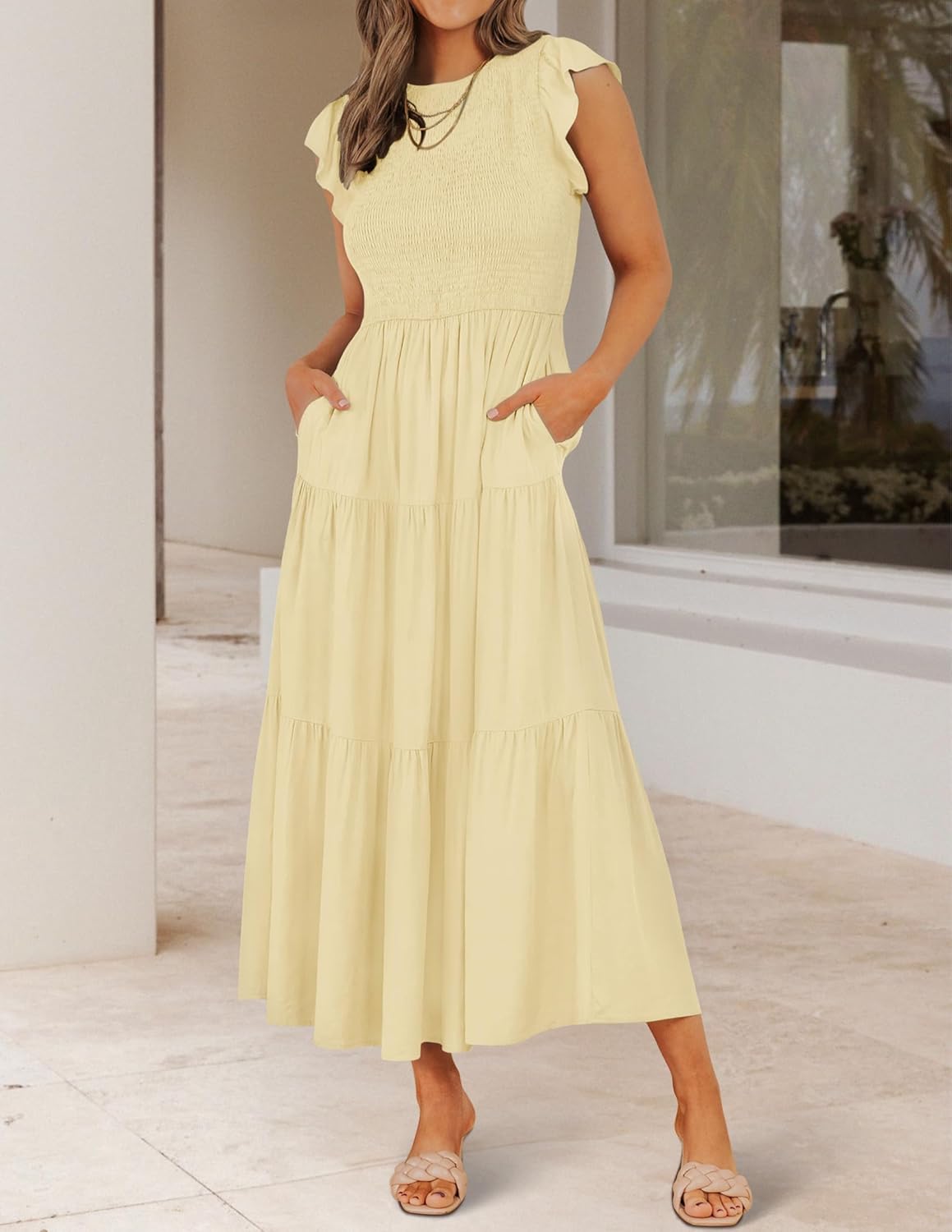 ZESICA Women's 2025 Summer Casual Flutter Short Sleeve Crew Neck Smocked Elastic Waist Tiered Midi Dress