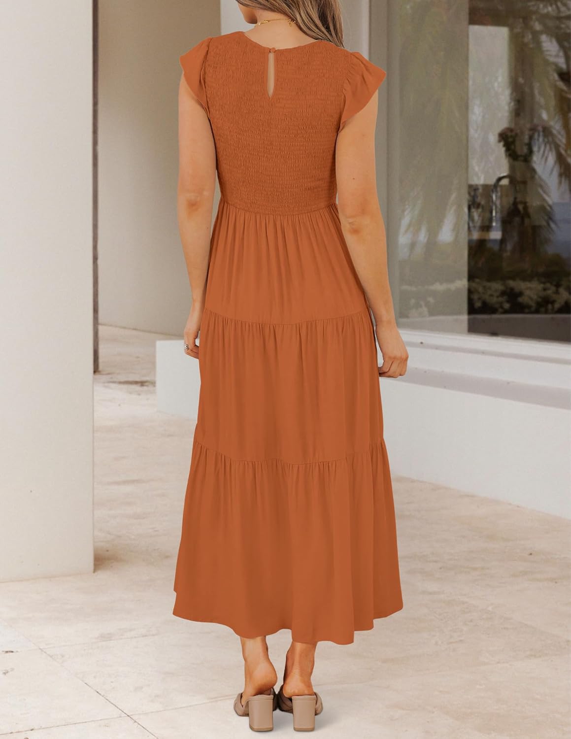 ZESICA Women's 2025 Summer Casual Flutter Short Sleeve Crew Neck Smocked Elastic Waist Tiered Midi Dress