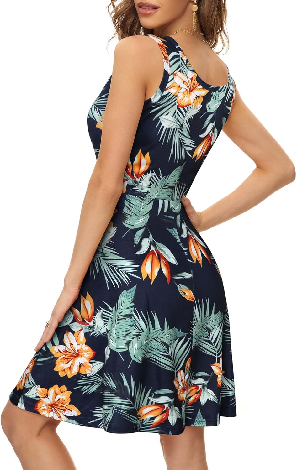 HUHOT Womens Sleeveless V Neck Dress with Pocket Summer Beach Midi Flared Tank Dress