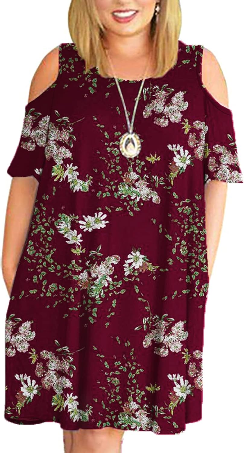 Kancystore Women Plus Size Dresses Short Sleeve Cold Shoulder Casual T-Shirt Swing Dress with Pockets