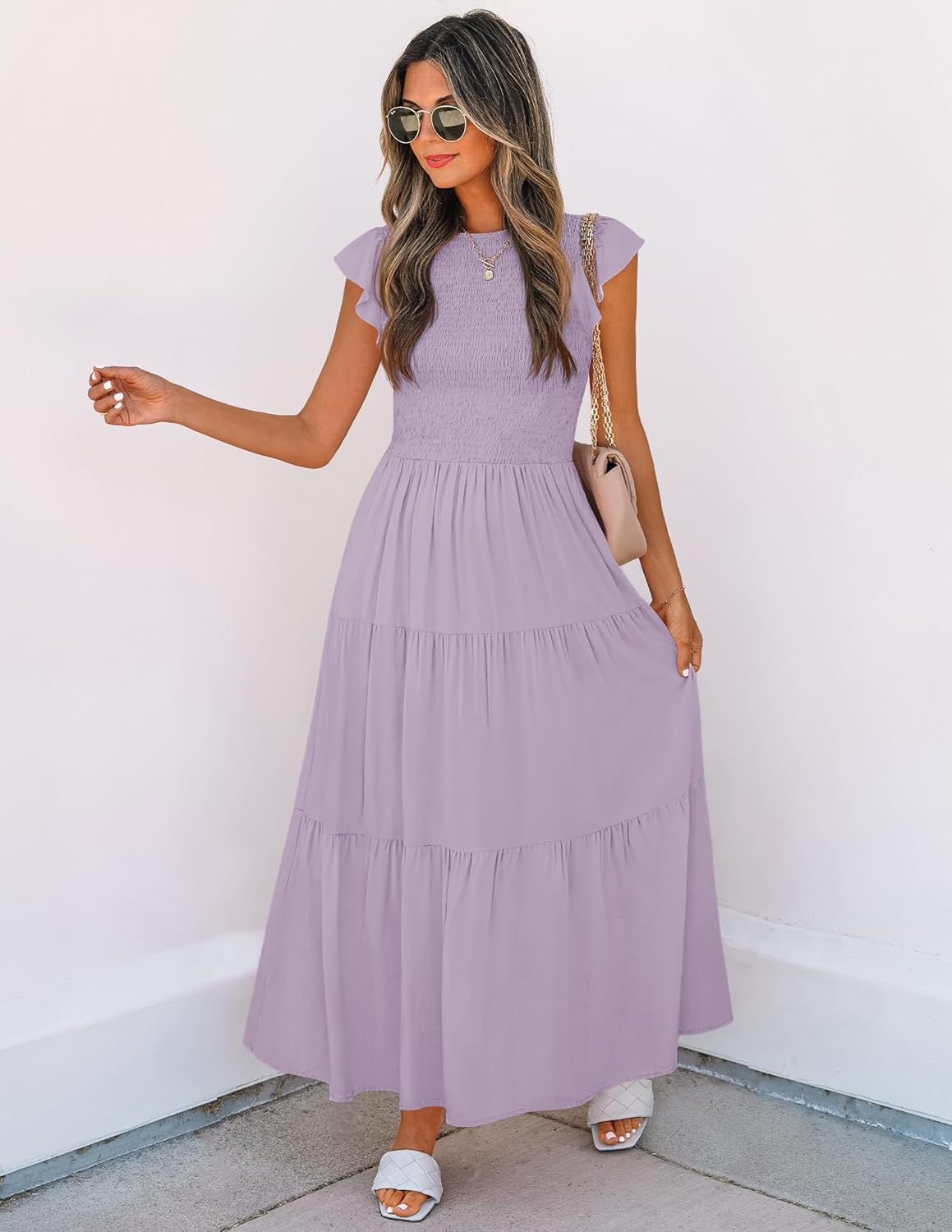 ZESICA Women's 2025 Summer Casual Flutter Short Sleeve Crew Neck Smocked Elastic Waist Tiered Midi Dress