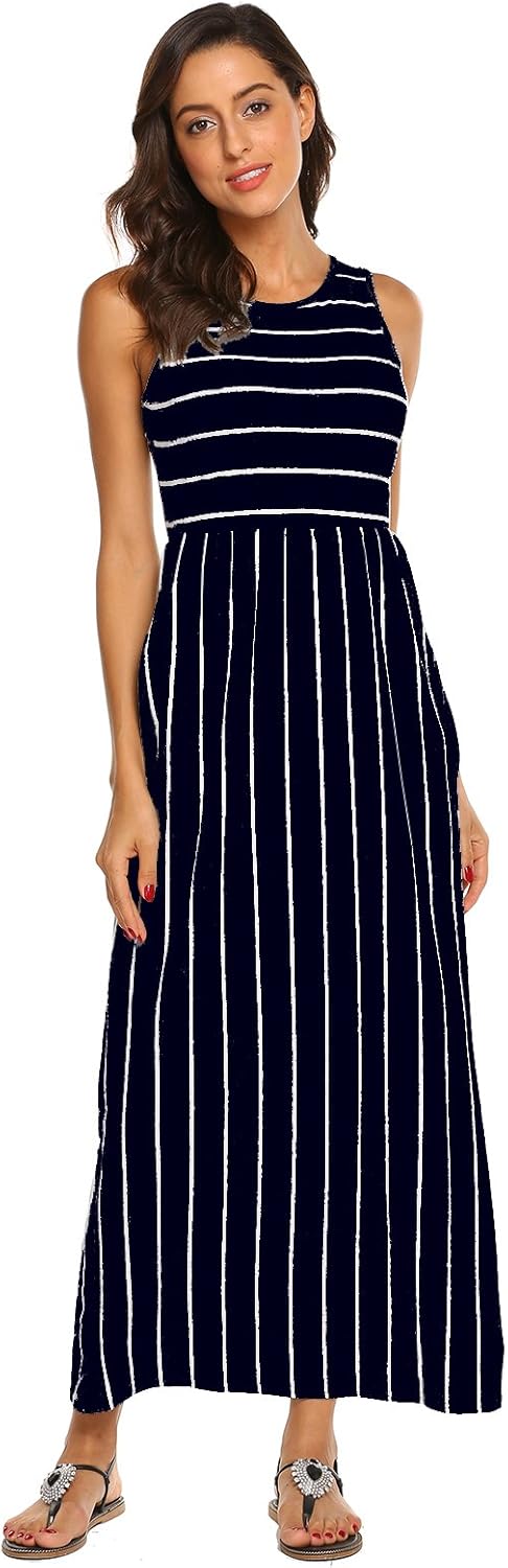 Hount Women's Summer Sleeveless Striped Flowy Casual Long Maxi Dress with Pockets